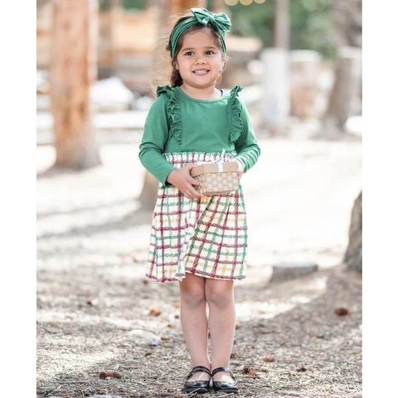 Rufflebutts Other - RuffleButts Girls Sage Green Plaid Ruffle Long Sleeve Dress 18-24M NWT